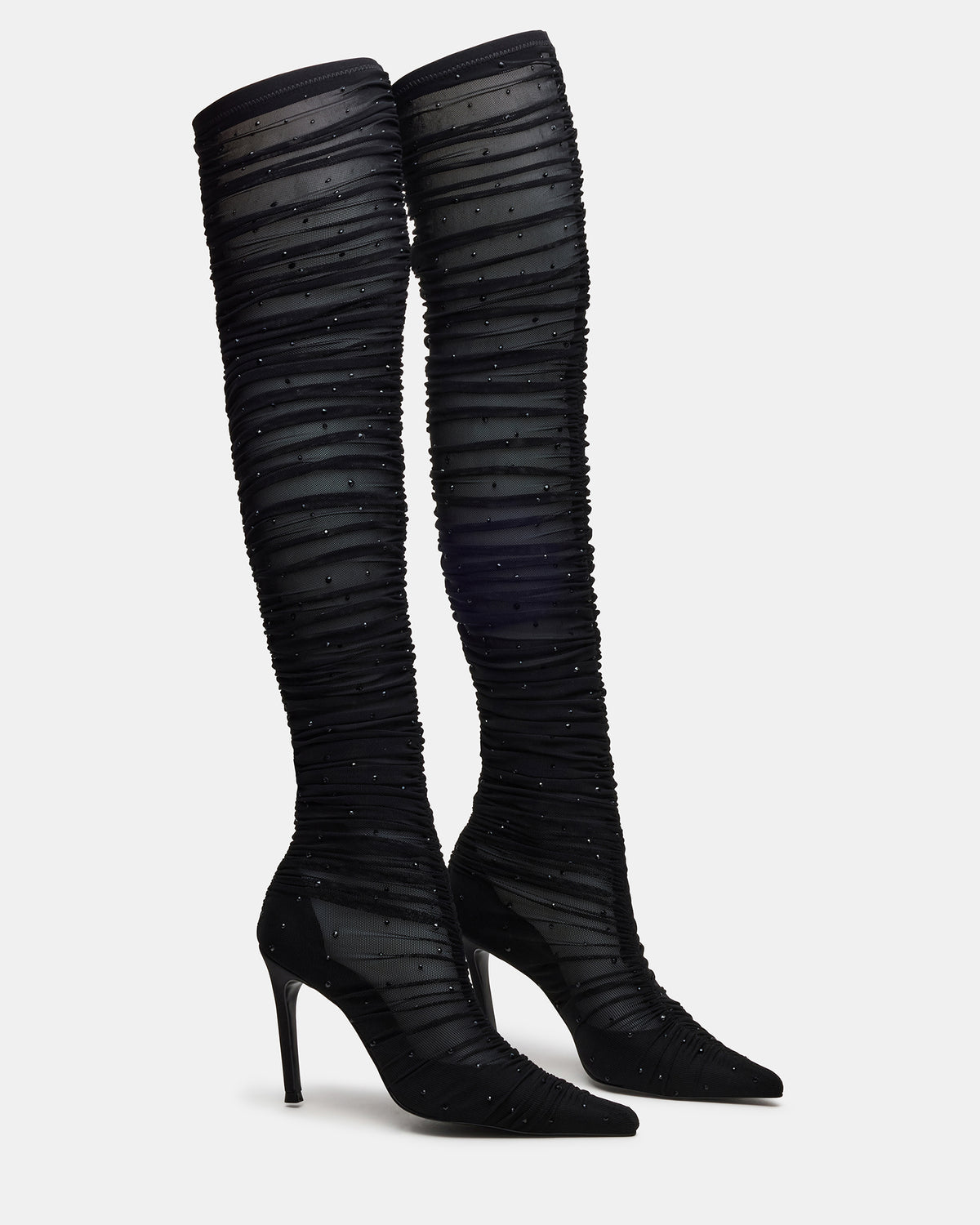 RASHIDA Black Mesh Over-The-Knee Pointed-Toe Rhinestone Stiletto Heel Women's Boot | Steve Madden