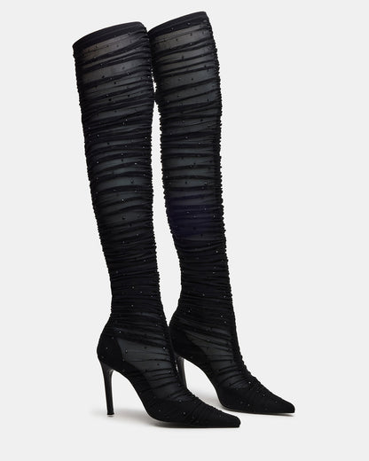 RASHIDA Black Mesh Over-The-Knee Pointed-Toe Rhinestone Stiletto Heel Women's Boot | Steve Madden