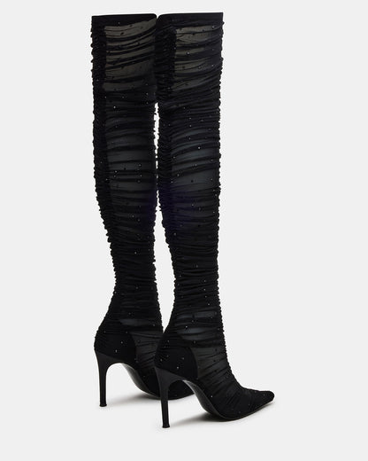 RASHIDA Black Mesh Over-The-Knee Pointed-Toe Rhinestone Stiletto Heel Women's Boot | Steve Madden