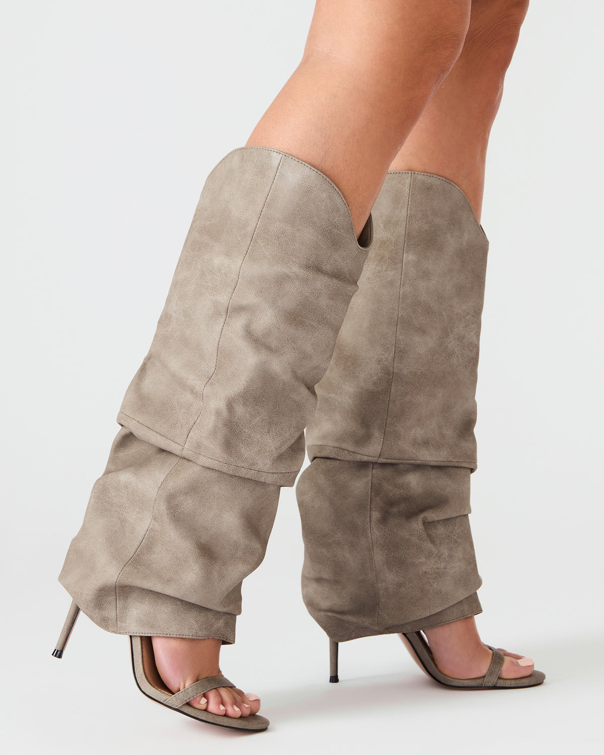 RAVINE Grey Distressed Women's Knee-High Cuffed Stiletto Heel Boot | Steve Madden