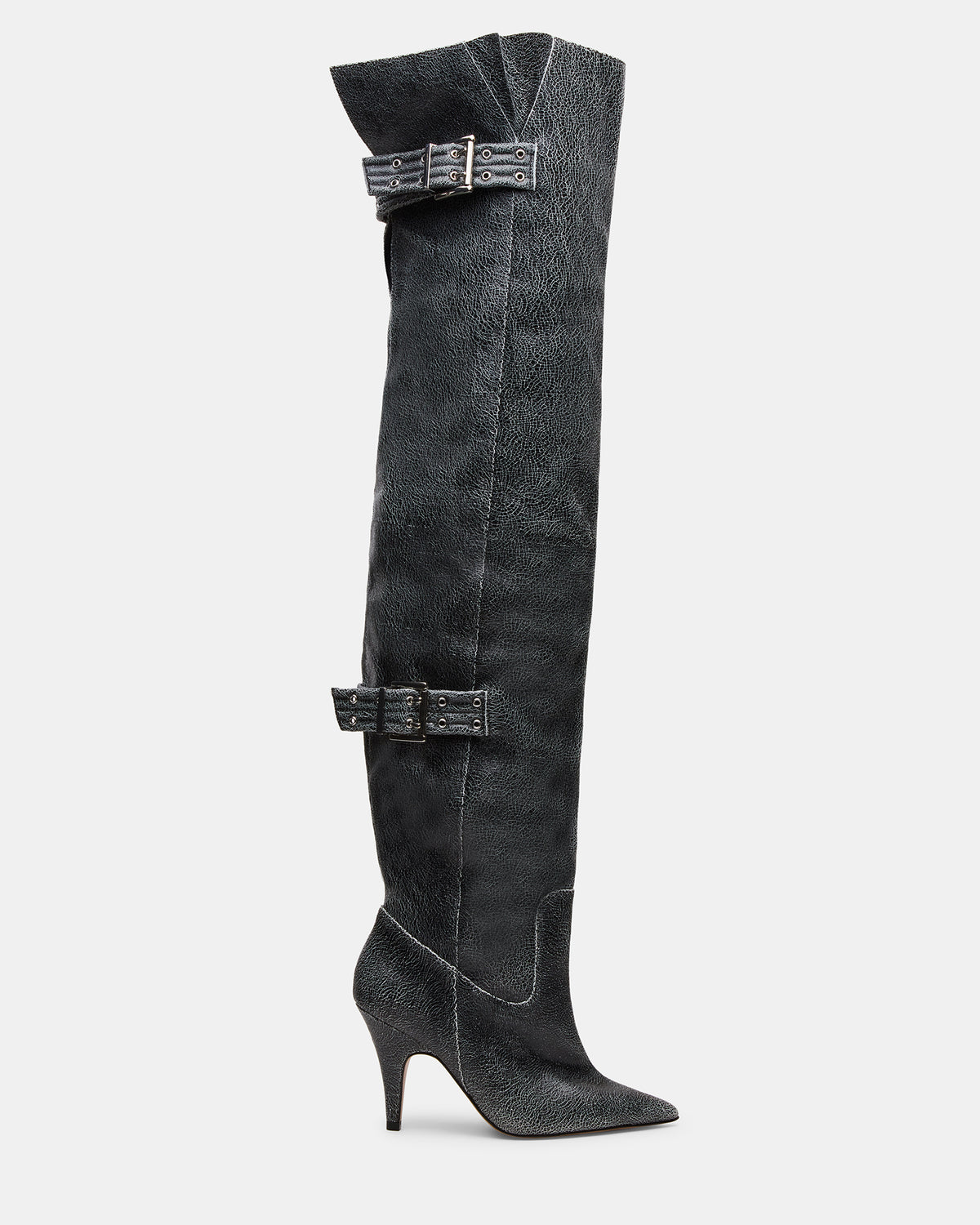 BADDIE Black Distressed Over-The-Knee Moto Women's Boot | Steve Madden