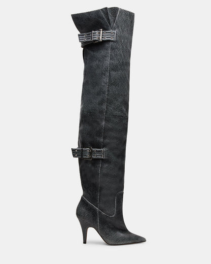 BADDIE Black Distressed Over-The-Knee Moto Women's Boot | Steve Madden