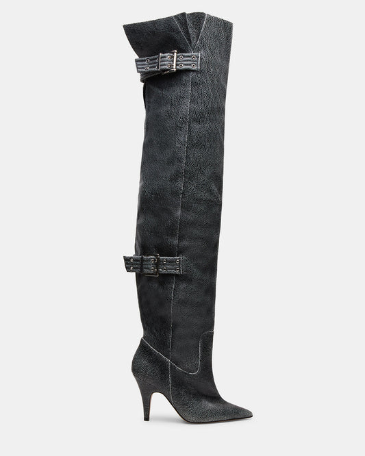 BADDIE Black Distressed Over-The-Knee Moto Women's Boot | Steve Madden
