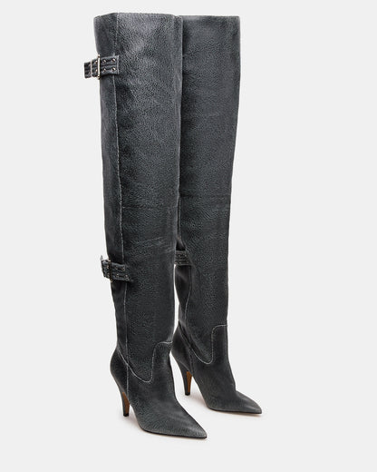 BADDIE Black Distressed Over-The-Knee Moto Women's Boot | Steve Madden