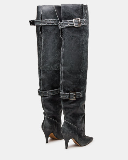 BADDIE Black Distressed Over-The-Knee Moto Women's Boot | Steve Madden