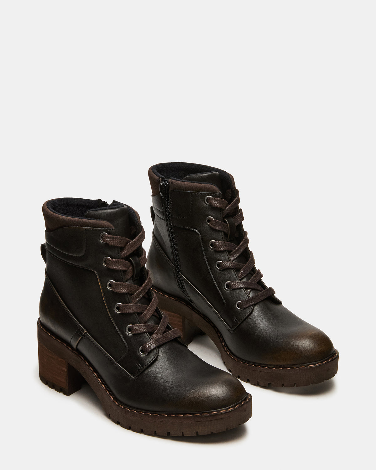 TUFF Dark Brown Lace-Up Block Heel Women's Ankle Boot | Steve Madden