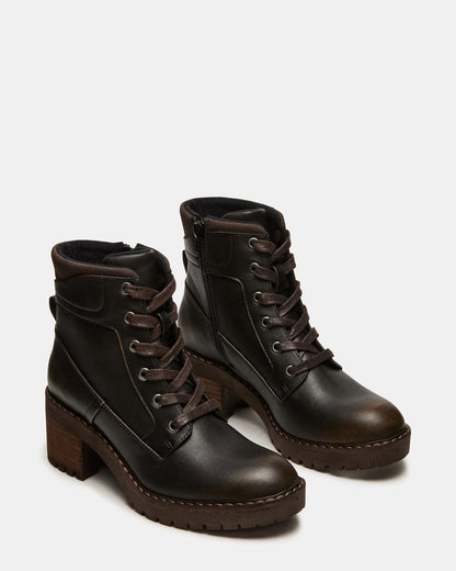 TUFF Dark Brown Lace-Up Block Heel Women's Ankle Boot | Steve Madden
