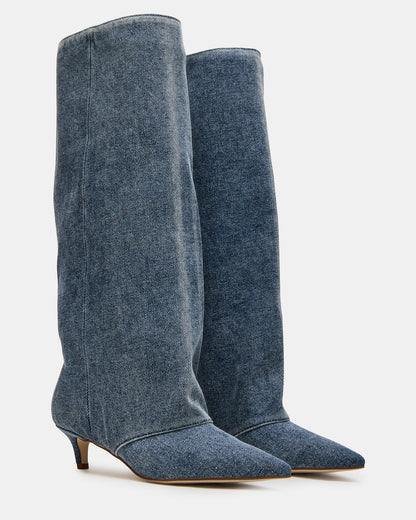 LUCA Denim Fabric Pointed-Toe Cuffed Kitten Heel Women's Boot | Steve Madden