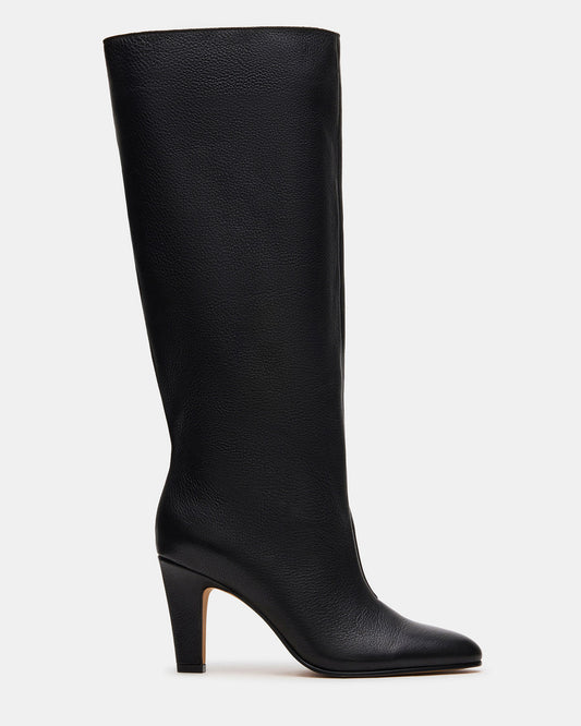 RIZK Black Leather Knee-High Rounded Toe Heeled Women's Boot | Steve Madden