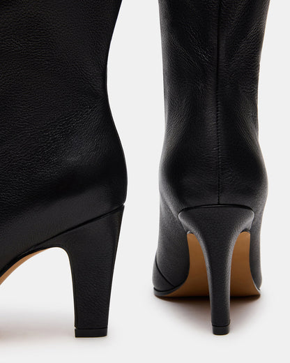 RIZK Black Leather Knee-High Rounded Toe Heeled Women's Boot | Steve Madden