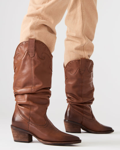 STAGE Cognac Leather Pointed-Toe Scrunched Western Women's Boot | Steve Madden