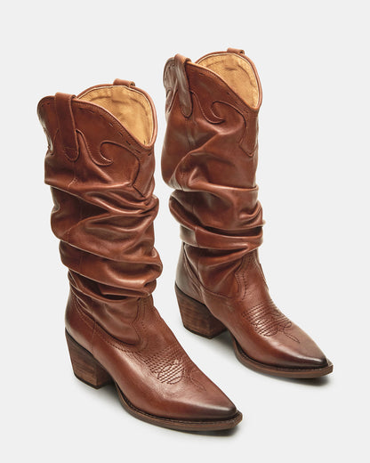 STAGE Cognac Leather Pointed-Toe Scrunched Western Women's Boot | Steve Madden