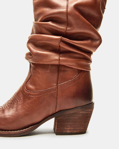 STAGE Cognac Leather Pointed-Toe Scrunched Western Women's Boot | Steve Madden