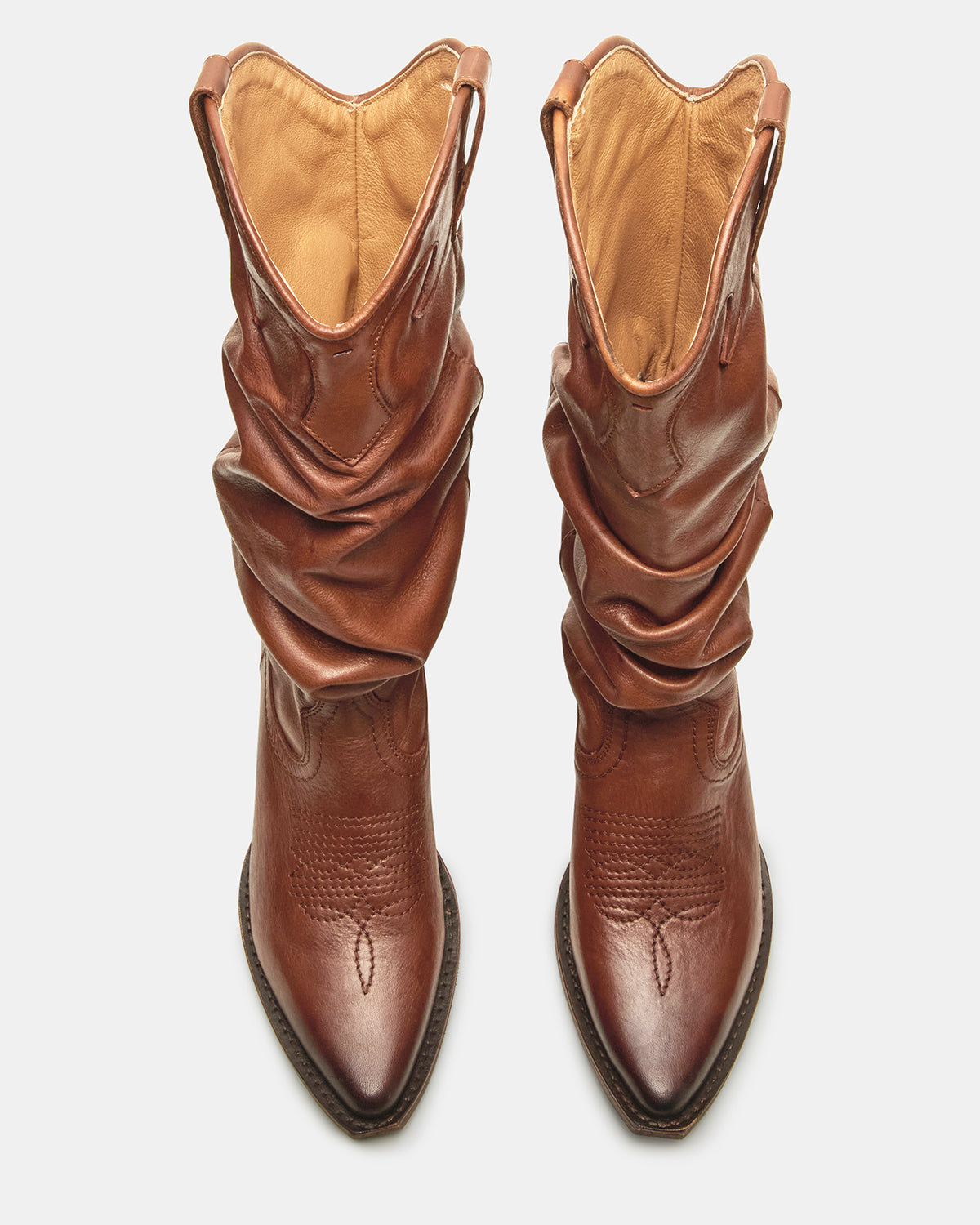STAGE Cognac Leather Pointed-Toe Scrunched Western Women's Boot | Steve Madden