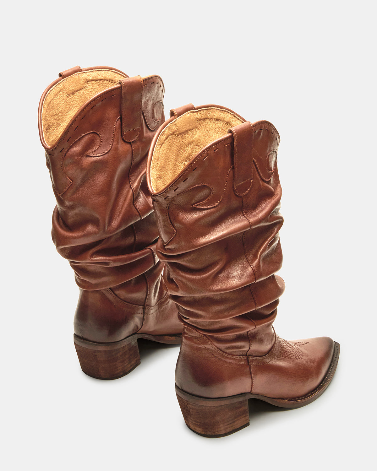 STAGE Cognac Leather Pointed-Toe Scrunched Western Women's Boot | Steve Madden