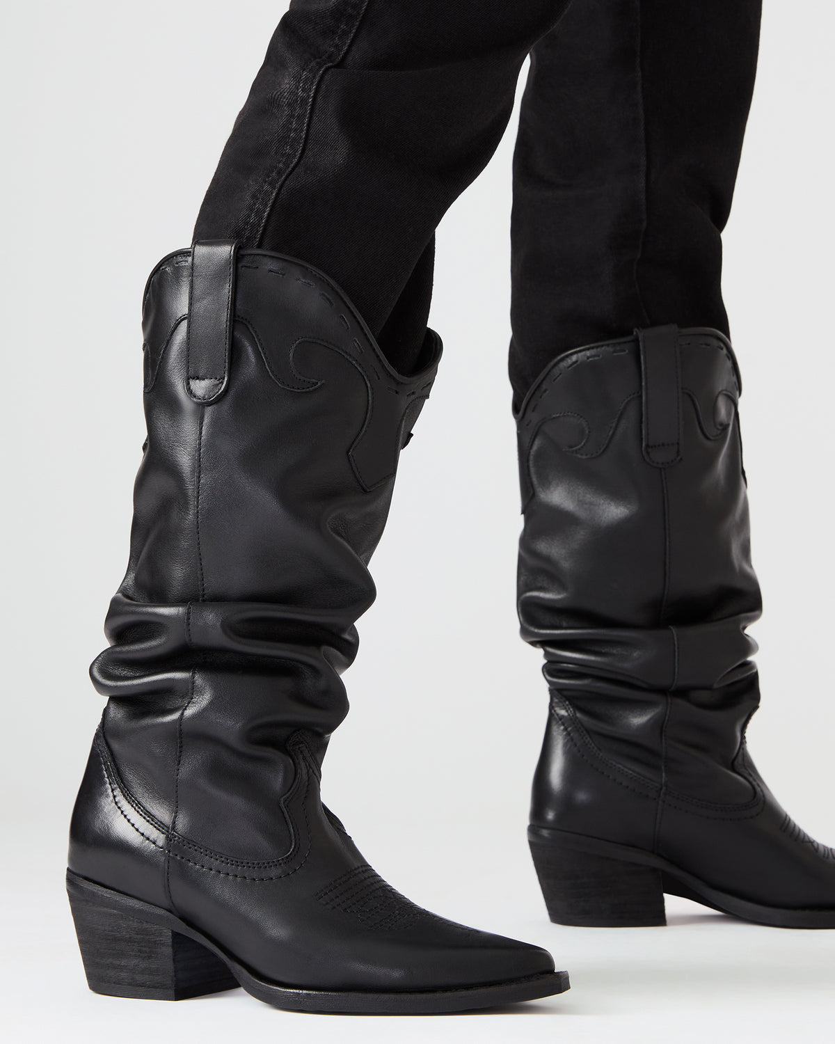 STAGE Black Leather Pointed-Toe Scrunched Western Women's Boot | Steve Madden