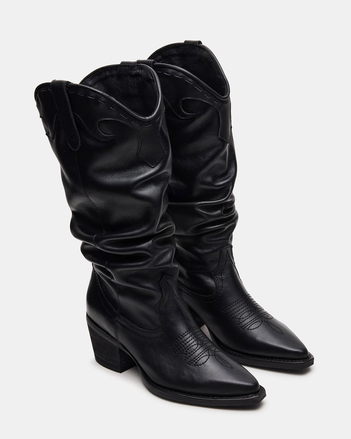 STAGE Black Leather Pointed-Toe Scrunched Western Women's Boot | Steve Madden
