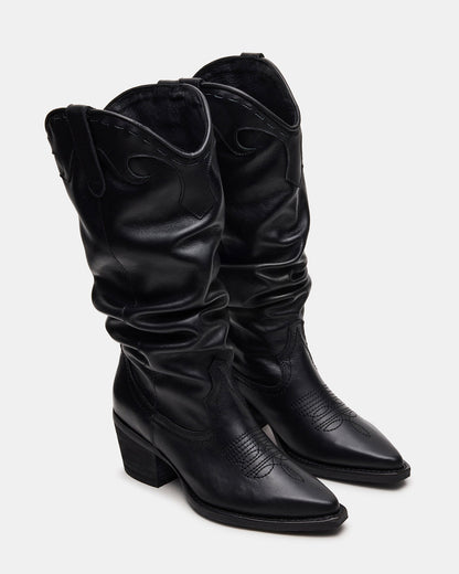 STAGE Black Leather Pointed-Toe Scrunched Western Women's Boot | Steve Madden