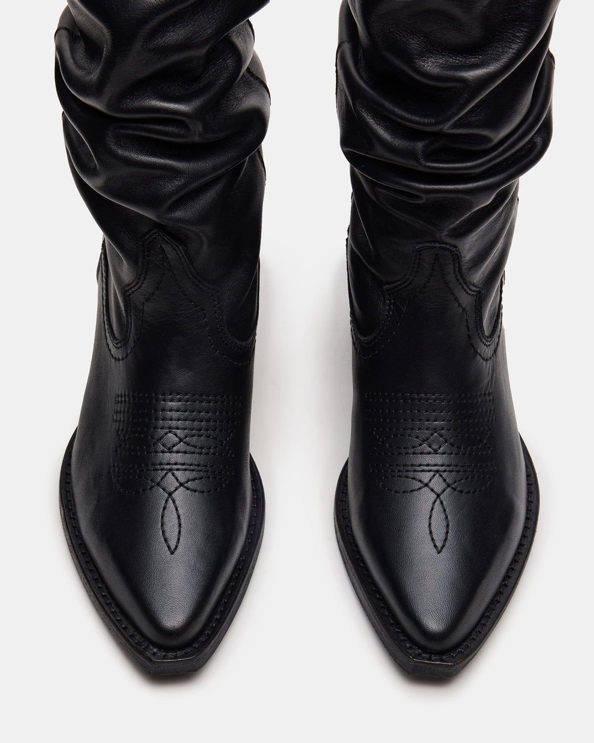 STAGE Black Leather Pointed-Toe Scrunched Western Women's Boot | Steve Madden