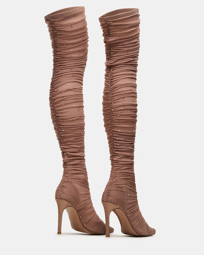RASHIDA Blush Mesh Over-The-Knee Pointed-Toe Rhinestone Stiletto Heel Women's Boot | Steve Madden