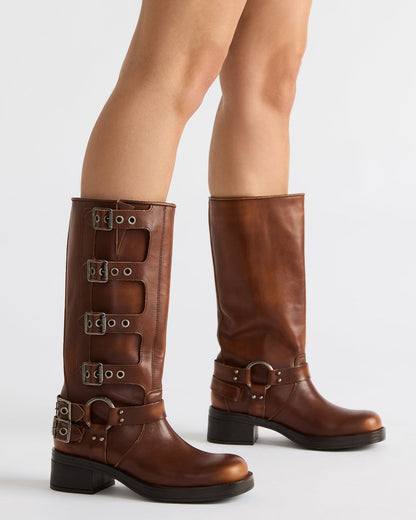 ROCKY Cognac Distressed Knee-High Moto Women's Boot | Steve Madden