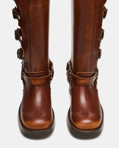 ROCKY Cognac Distressed Knee-High Moto Women's Boot | Steve Madden