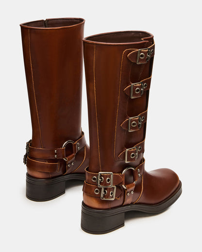 ROCKY Cognac Distressed Knee-High Moto Women's Boot | Steve Madden