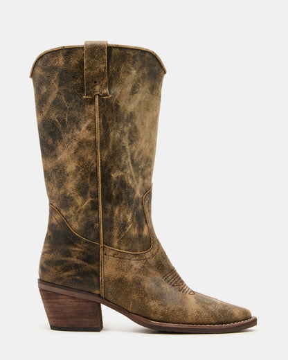 ALBANY Brown Distressed Wide Calf Pointed-Toe Women's Western Boot | Steve Madden
