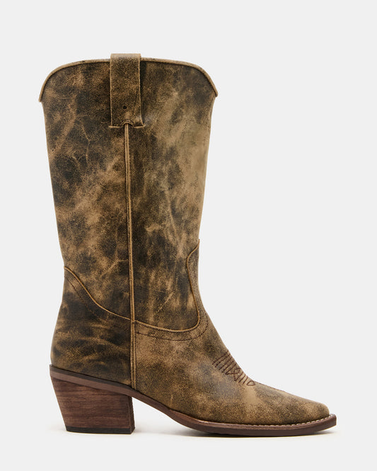 ALBANY Brown Distressed Wide Calf Pointed-Toe Women's Western Boot | Steve Madden