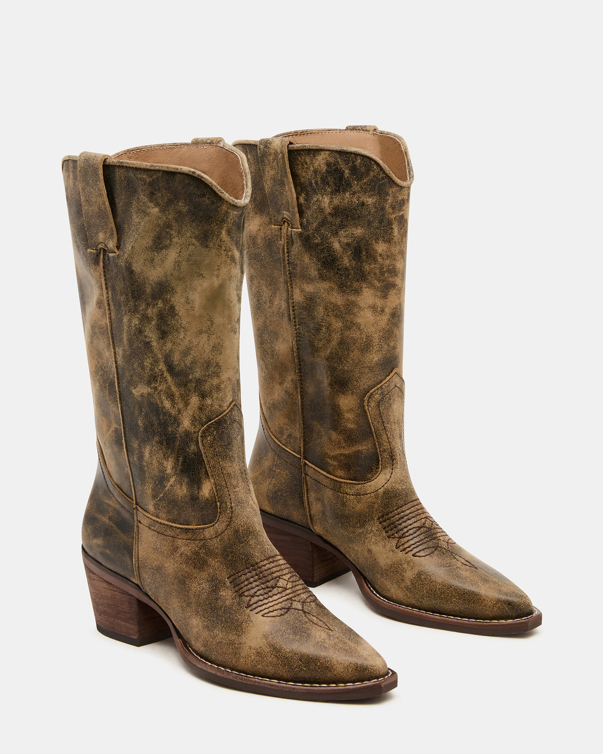 ALBANY Brown Distressed Wide Calf Pointed-Toe Women's Western Boot | Steve Madden