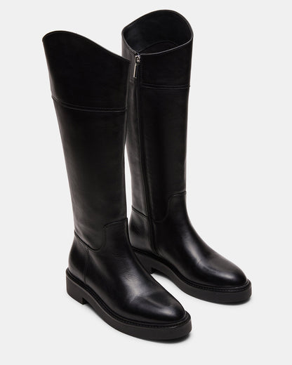 RADKE Black Leather Knee-High Rounded Toe Riding Women's Boot | Steve Madden