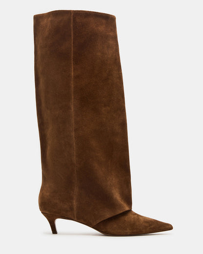 LUCA Chestnut Suede Pointed-Toe Cuffed Kitten Heel Women's Boot | Steve Madden