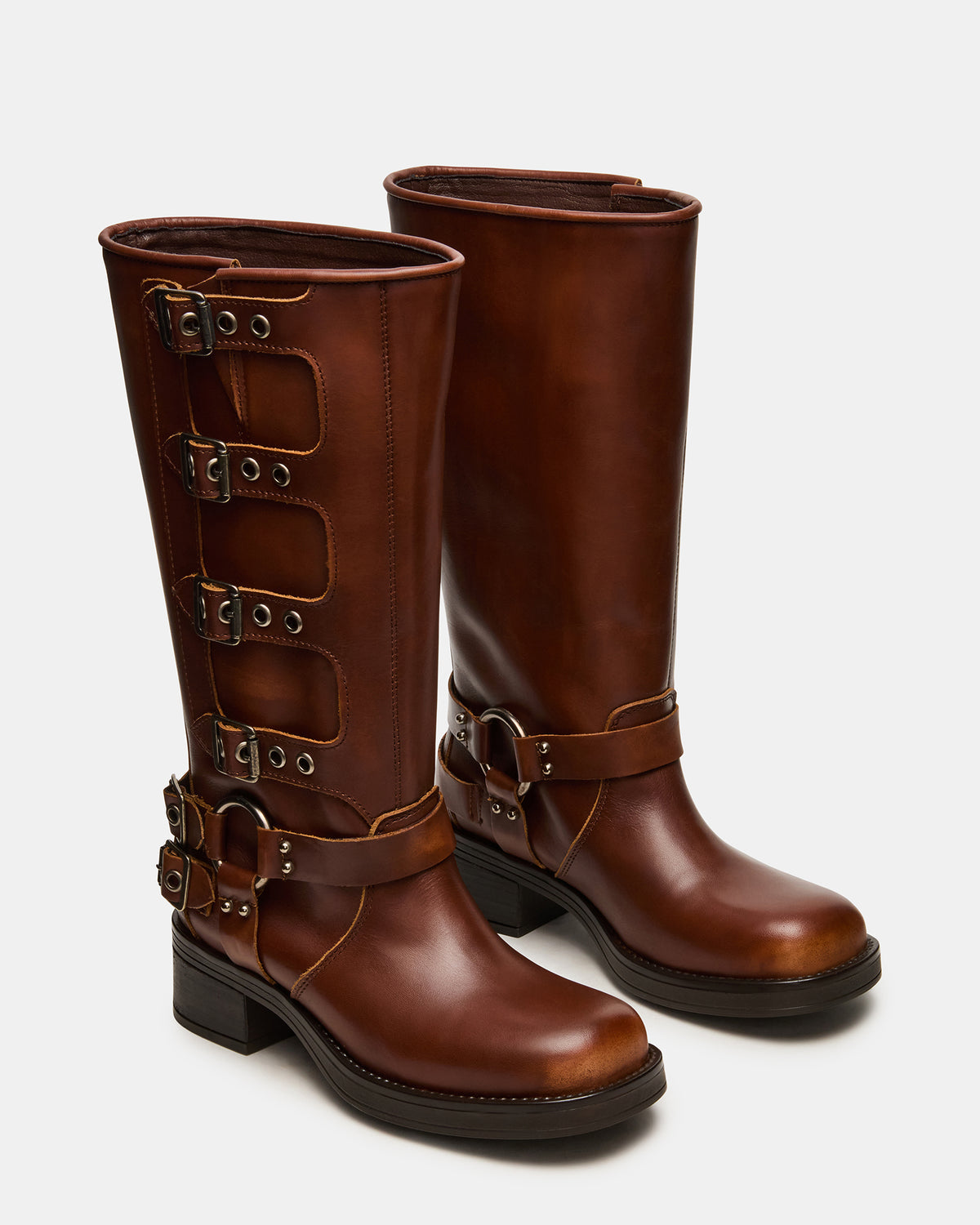 ROCKY Cognac Distressed Wide Calf Knee-High Moto Women's Boot | Steve Madden