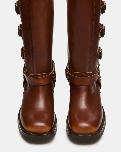 ROCKY Cognac Distressed Wide Calf Knee-High Moto Women's Boot | Steve Madden