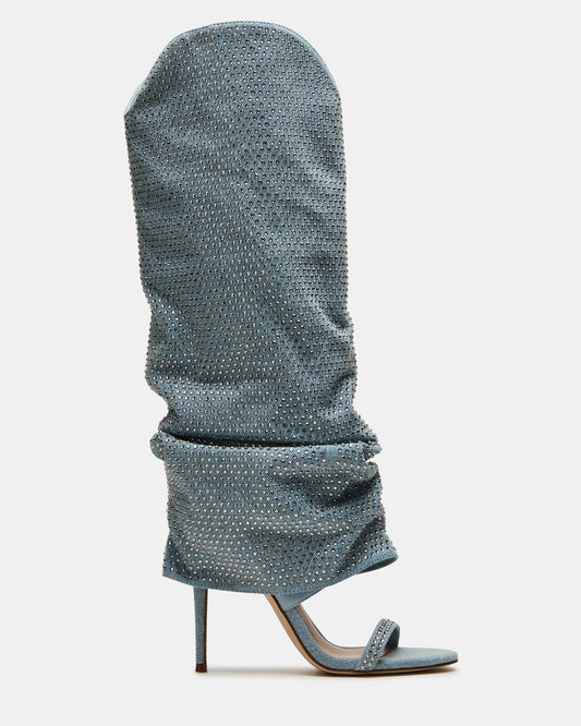 RAVINE Denim Rhinestones Knee-High Cuffed Stiletto Heel Women's Boot | Steve Madden