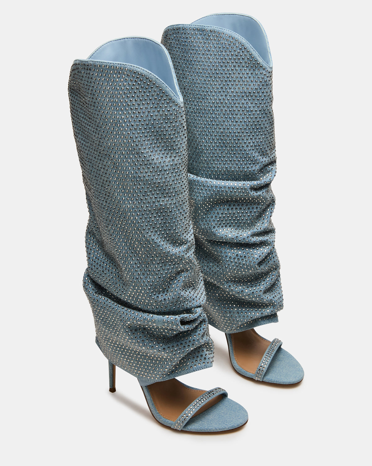 RAVINE Denim Rhinestones Knee-High Cuffed Stiletto Heel Women's Boot | Steve Madden