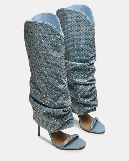 RAVINE Denim Rhinestones Knee-High Cuffed Stiletto Heel Women's Boot | Steve Madden