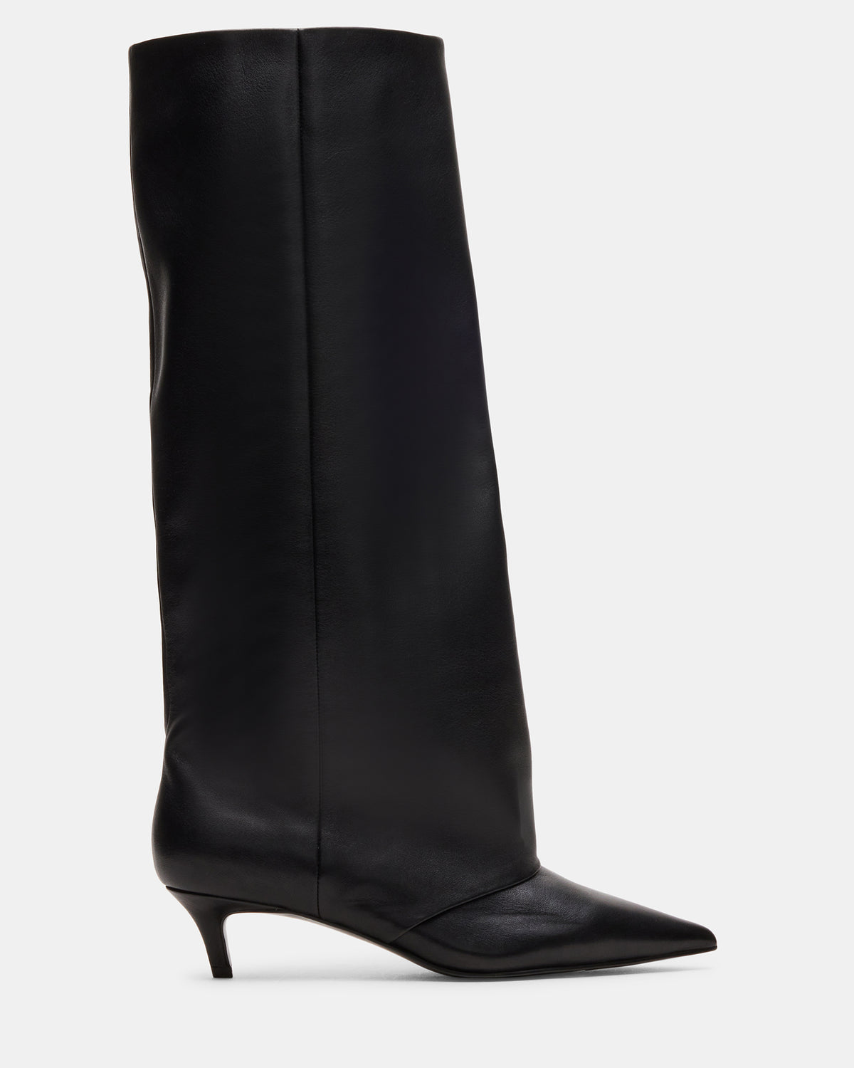 LUCA Black Leather Pointed-Toe Cuffed Kitten Heel Women's Boot | Steve Madden