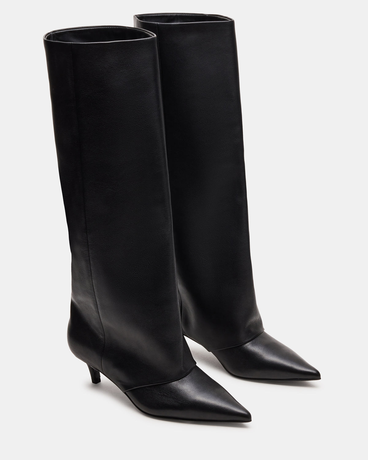 LUCA Black Leather Pointed-Toe Cuffed Kitten Heel Women's Boot | Steve Madden