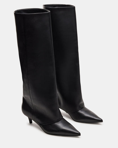 LUCA Black Leather Pointed-Toe Cuffed Kitten Heel Women's Boot | Steve Madden