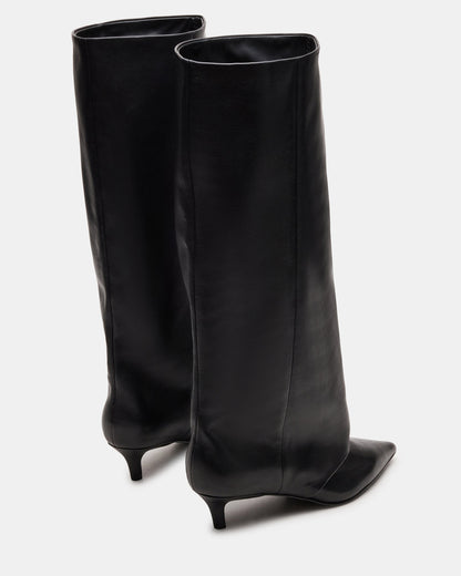 LUCA Black Leather Pointed-Toe Cuffed Kitten Heel Women's Boot | Steve Madden