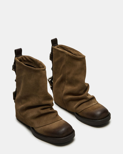 BENJI Taupe Suede Cuffed Fold-Over Moto Buckle Women's Ankle Boot | Steve Madden