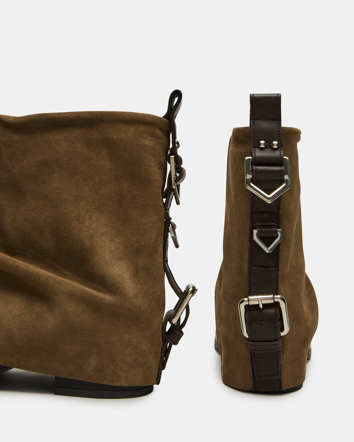 BENJI Taupe Suede Cuffed Fold-Over Moto Buckle Women's Ankle Boot | Steve Madden