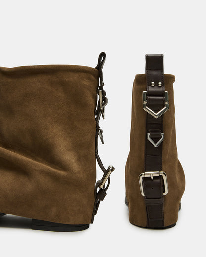 BENJI Taupe Suede Cuffed Fold-Over Moto Buckle Women's Ankle Boot | Steve Madden