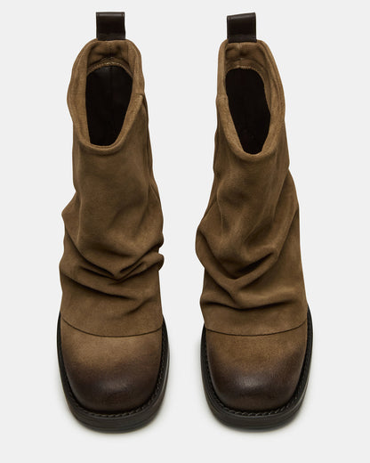 BENJI Taupe Suede Cuffed Fold-Over Moto Buckle Women's Ankle Boot | Steve Madden