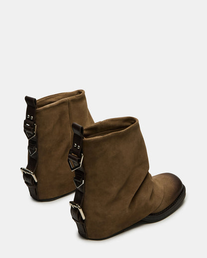 BENJI Taupe Suede Cuffed Fold-Over Moto Buckle Women's Ankle Boot | Steve Madden
