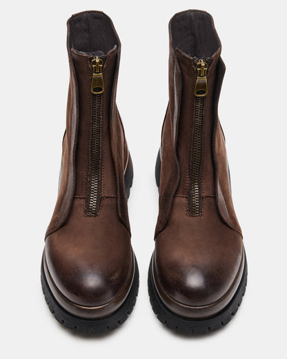 MILTON Brown Leather Moto Women's Ankle Boot | Steve Madden