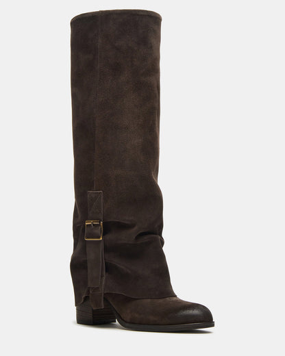 BOZEMAN Dark Taupe Suede Knee-High Fold-Over Cuffed Women's Boot | Steve Madden