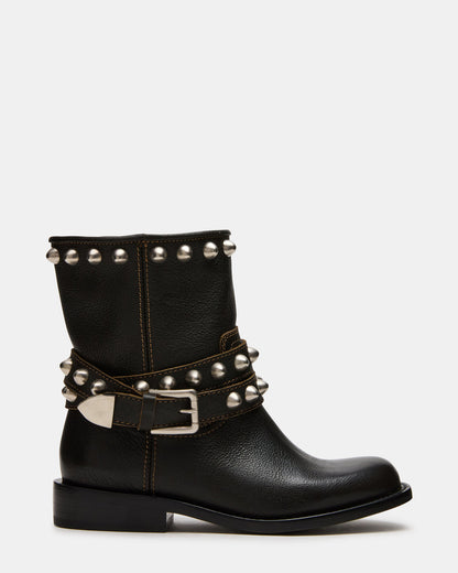 ORBIT Black Distressed Gold Detail Moto Women's Ankle Boot | Steve Madden