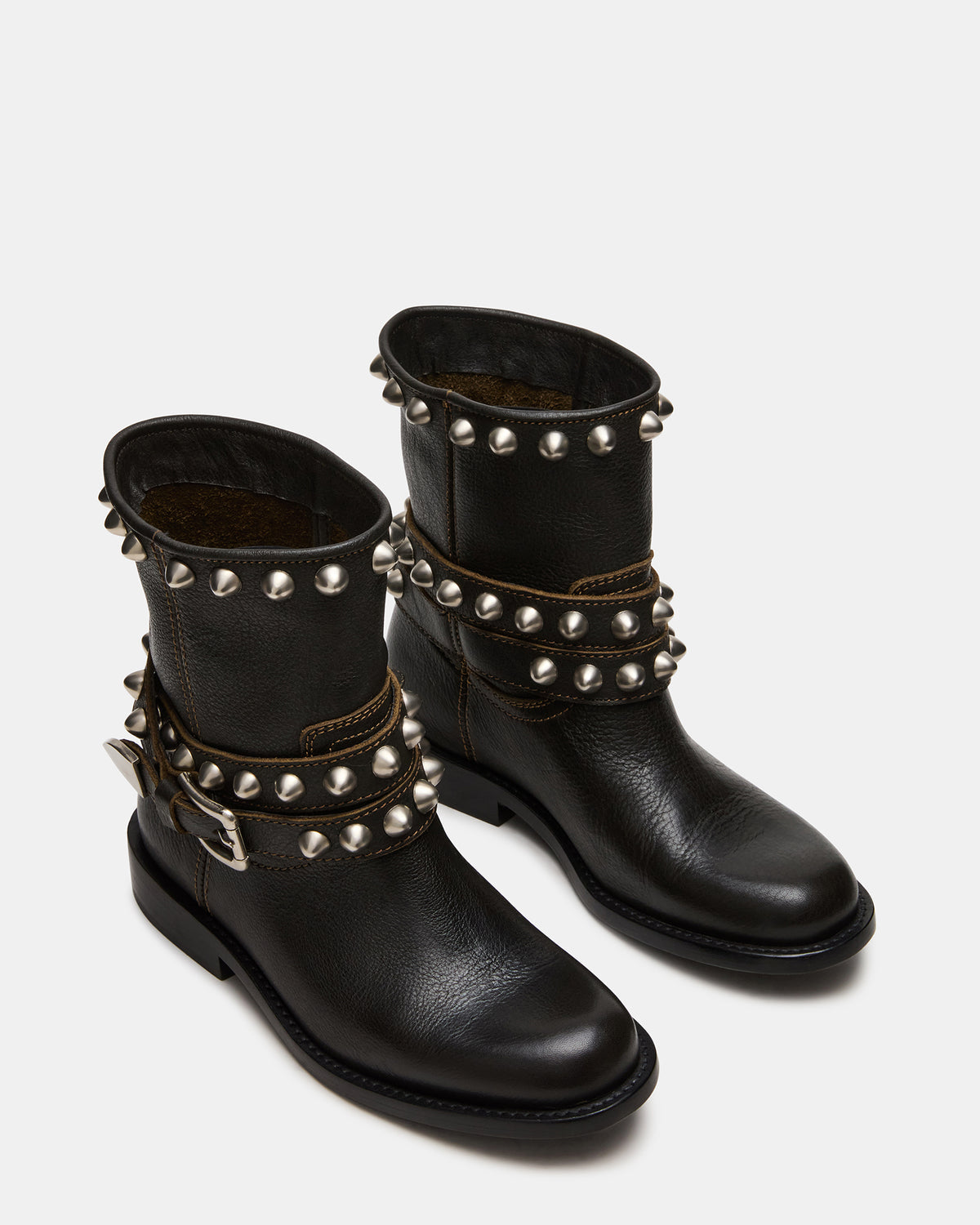 ORBIT Black Distressed Gold Detail Moto Women's Ankle Boot | Steve Madden